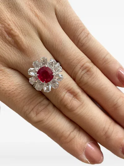 Hyt Jewelry 18k White Gold Ruby And Diamond Floral Ring