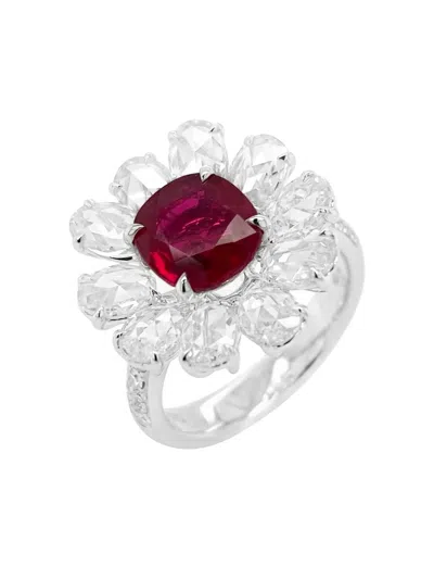 Hyt Jewelry 18k White Gold Ruby And Diamond Floral Ring