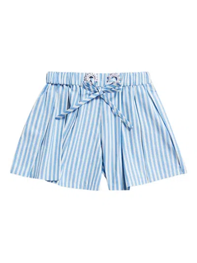 Area Crystal Grommet Striped Poplin Pleated Shorts In Blue