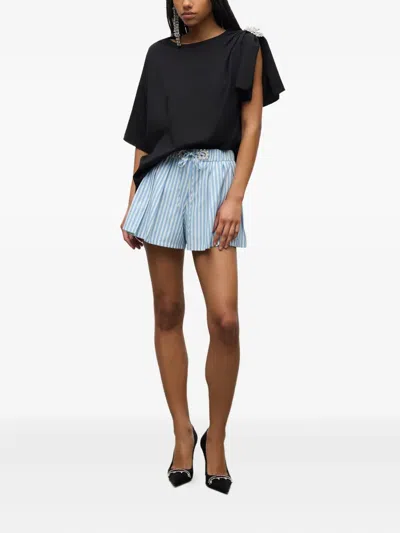 Area Crystal Grommet Striped Poplin Pleated Shorts In Blue