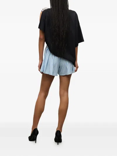 Area Crystal Grommet Striped Poplin Pleated Shorts In Blue