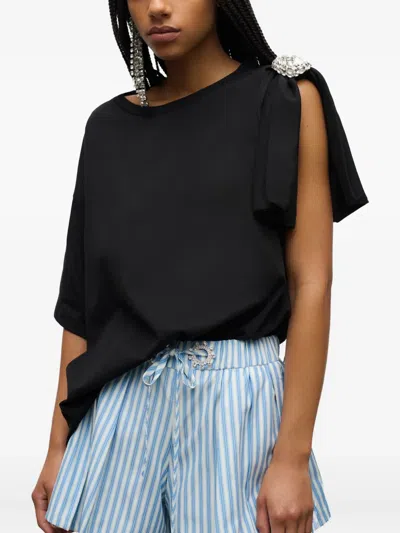 Area Crystal Grommet Striped Poplin Pleated Shorts In Blue