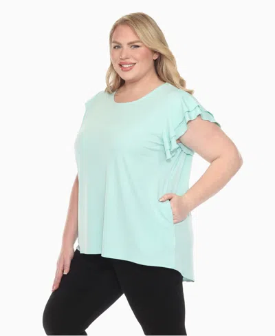 White Mark Plus Size Ruffled Sleeve Solid Top In Blue