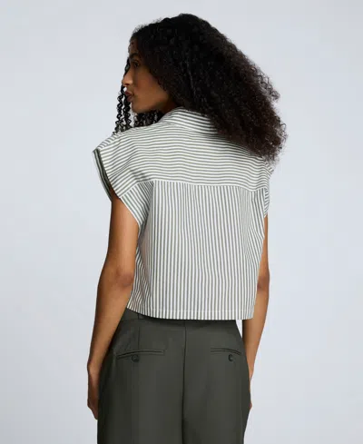 Kenneth Cole Cotton Poplin Stripe Sleeveless Crop Button Front Top