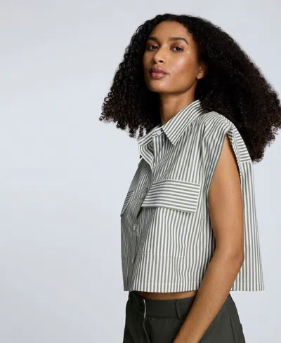 Kenneth Cole Cotton Poplin Stripe Sleeveless Crop Button Front Top