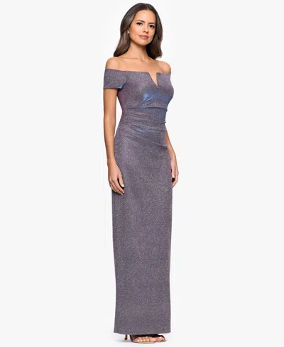 Xscape Women's Glitter Off-the-shoulder Long Sheath Dress In Gray