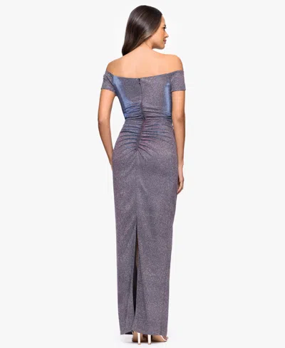 Xscape Women's Glitter Off-the-shoulder Long Sheath Dress In Gray