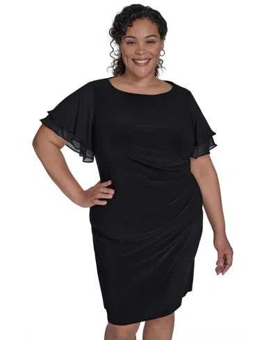 Jessica Howard Plus Size Flutter-sleeve Shirred Dress In Black