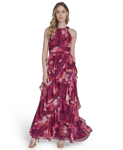 Eliza J Petite Printed Chiffon Ruffled-skirt Halter Gown In Burgundy