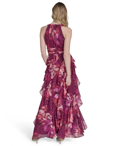 Eliza J Petite Printed Chiffon Ruffled-skirt Halter Gown In Burgundy