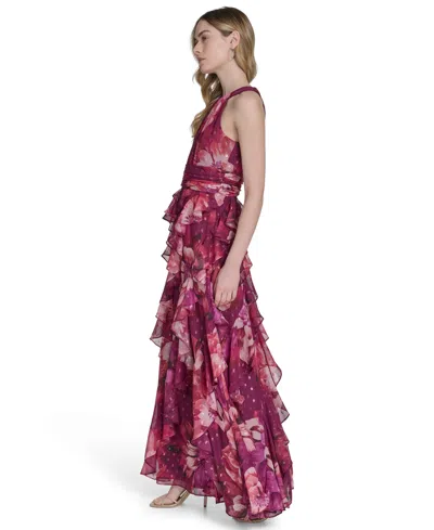 Eliza J Petite Printed Chiffon Ruffled-skirt Halter Gown In Burgundy