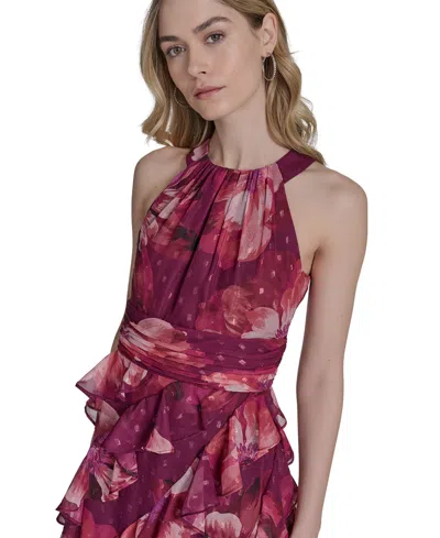 Eliza J Petite Printed Chiffon Ruffled-skirt Halter Gown In Burgundy