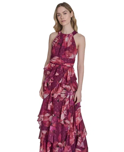 Eliza J Petite Printed Chiffon Ruffled-skirt Halter Gown In Burgundy