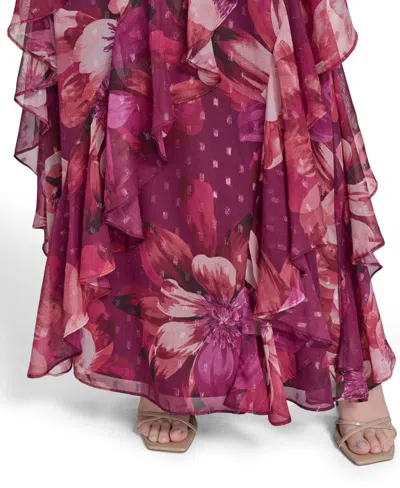 Eliza J Petite Printed Chiffon Ruffled-skirt Halter Gown In Burgundy