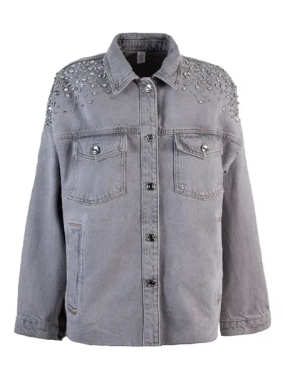 Liu •jo Crystal-embellishment Denim Jacket In Gray