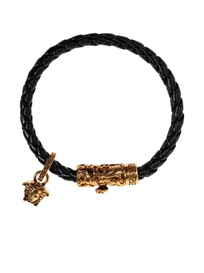 Versace La Medusa Braided Leather Bracelet In Black