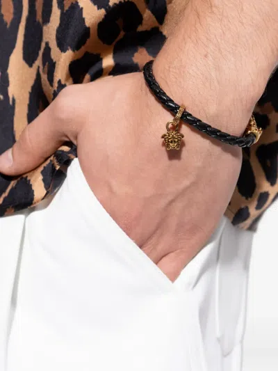 Versace La Medusa Braided Leather Bracelet In Black