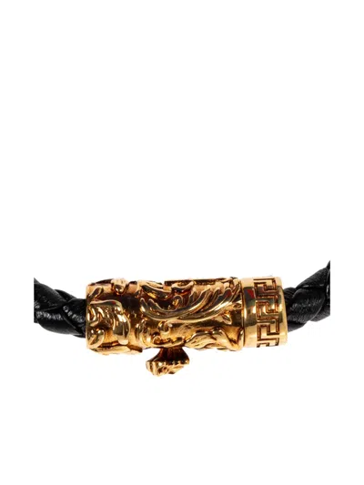 Versace La Medusa Braided Leather Bracelet In Black