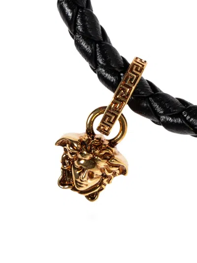 Versace La Medusa Braided Leather Bracelet In Black