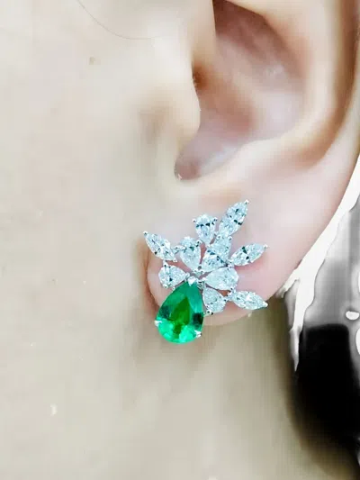 Hyt Jewelry 18k White Gold Emerald And Diamond Earrings
