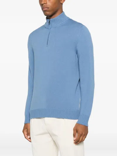 Drumohr Long Sleeve Mock-neck Zip Sweater In Blue