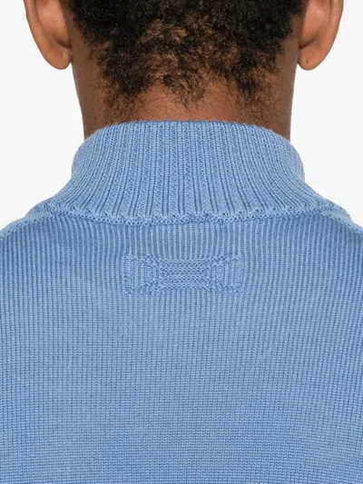 Drumohr Long Sleeve Mock-neck Zip Sweater In Blue