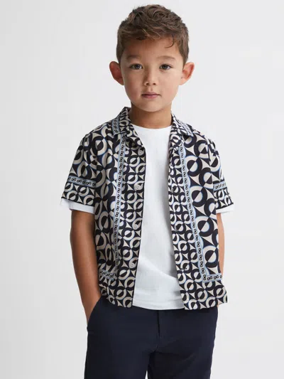 Reiss Lapis Blue 9-13 Yrs Printed Cuban Collar Shirt In Black