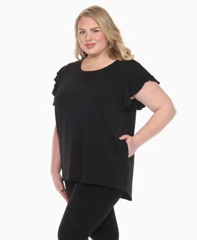 White Mark Plus Size Ruffled Sleeve Solid Top In Black