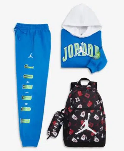 Jordan Big Boys Gametime Fleece Pullover Hoodie Chenille Patch Pants Air School Backpack Pencil Case Set In Blue