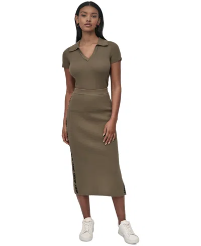 Dkny Jeans Women's Side Logo Ribbed Midi Skirt In Brown