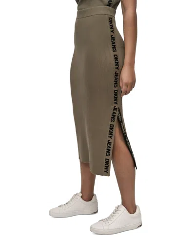 Dkny Jeans Women's Side Logo Ribbed Midi Skirt In Brown