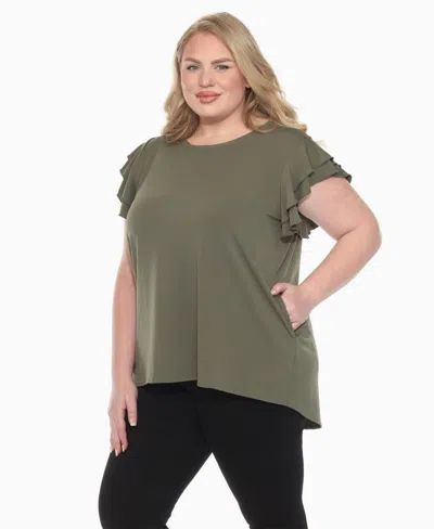 White Mark Plus Size Ruffled Sleeve Solid Top In Green
