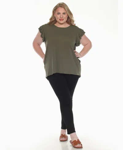 White Mark Plus Size Ruffled Sleeve Solid Top In Green