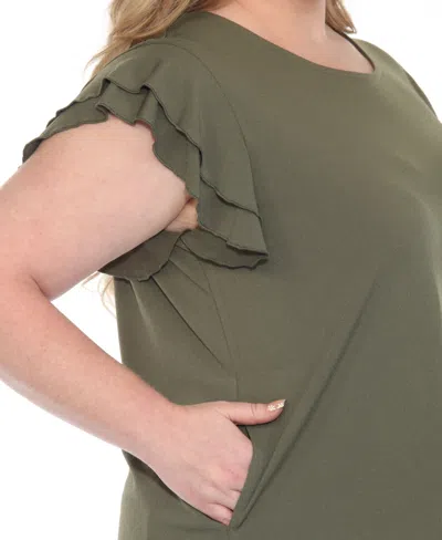 White Mark Plus Size Ruffled Sleeve Solid Top In Green