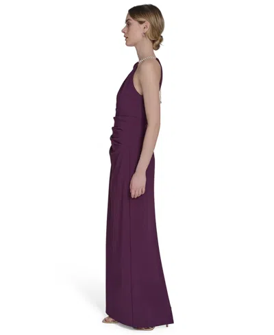Eliza J Petite Scuba Crepe Halter Side-tuck Gown In Purple
