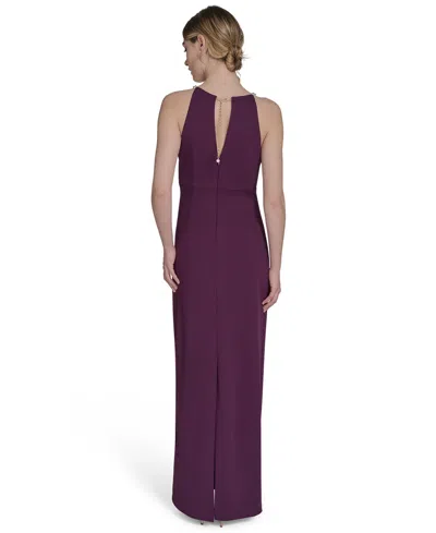 Eliza J Petite Scuba Crepe Halter Side-tuck Gown In Purple