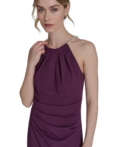 Eliza J Petite Scuba Crepe Halter Side-tuck Gown In Purple
