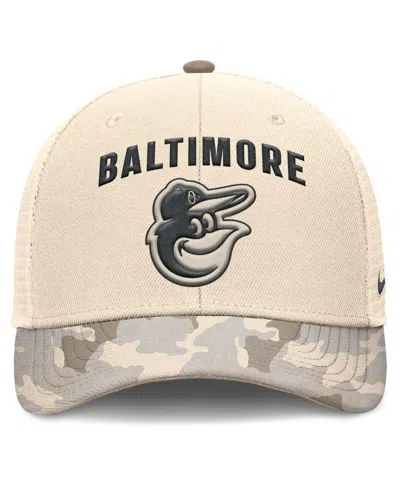 Nike Men's Natural Baltimore Orioles Camo Natural Pack Rise Adjustable Trucker Hat