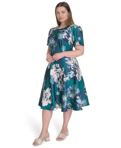 Calvin Klein Plus Size Printed Fit & Flare Dress In Green