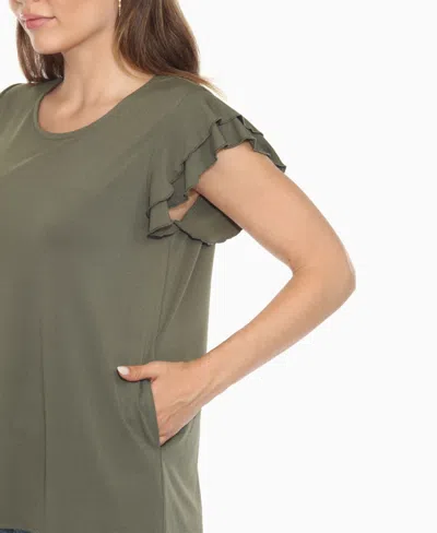 White Mark Plus Size Ruffled Sleeve Solid Top In Green