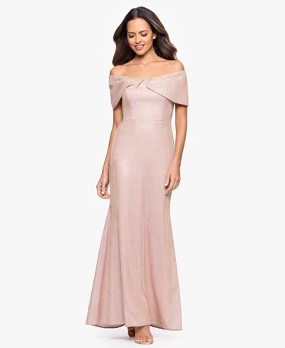 Betsy & Adam Metallic Off The Shoulder Ballgown In Purple