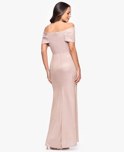 Betsy & Adam Metallic Off The Shoulder Ballgown In Purple