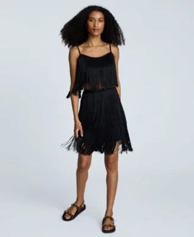 Kenneth Cole Womens Fringe Cropped Camisole Top Tiered Fringe Back Zip Skirt In Black