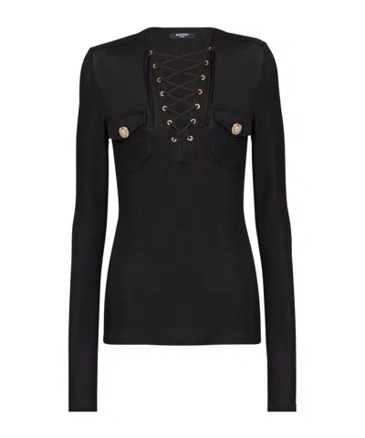 Balmain Long-sleeved Lace-up Top In Black