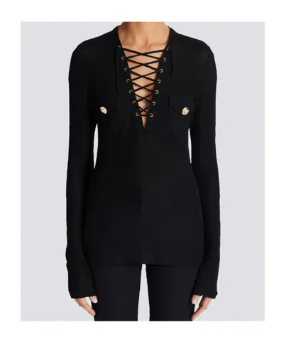 Balmain Long-sleeved Lace-up Top In Black