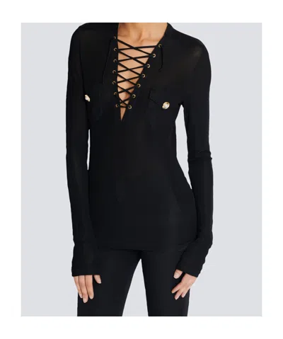 Balmain Long-sleeved Lace-up Top In Black