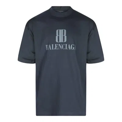 Balenciaga High-collar Black T-shirt With Logo Print In Blue