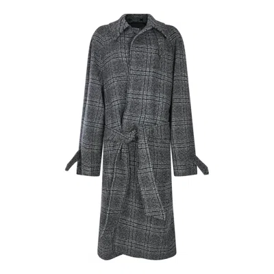 Balenciaga One Layer Checked Belted Coat In Gray