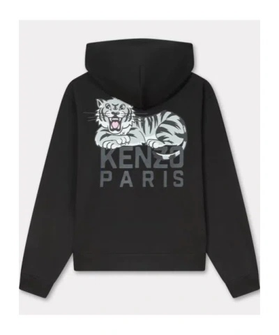 Kenzo ' Happy Tiger' Zip-up Hoodie In Cotton In Black