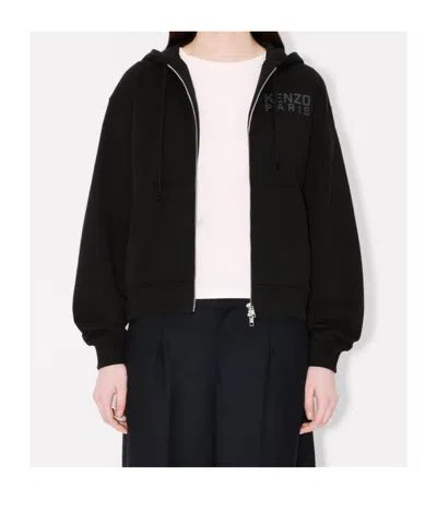 Kenzo ' Happy Tiger' Zip-up Hoodie In Cotton In Black